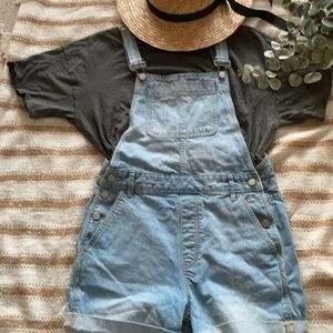 BDG light wash high waisted short overalls